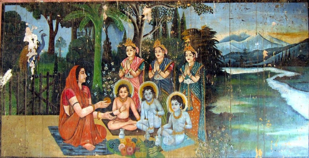 Anasuya feeds Brahma Vishnu and Shiva