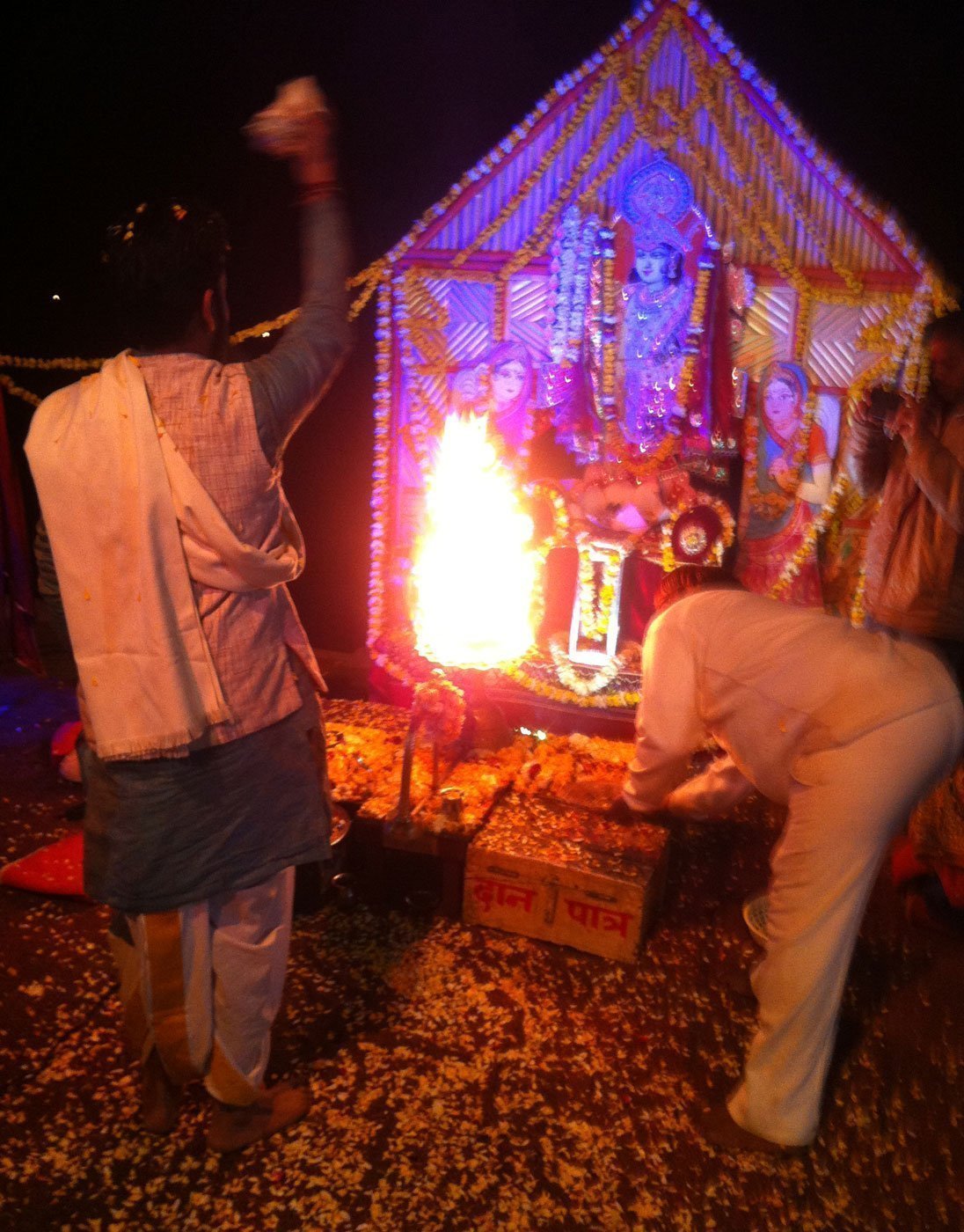 Priests preparing aarthi on the Yamuna Ghats in Vrindavan