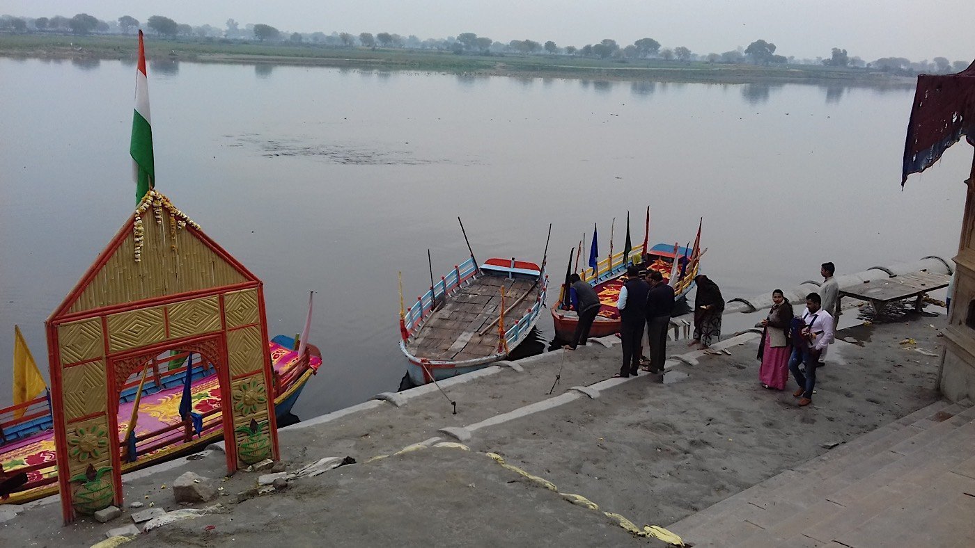 Brightly coloured rowing boats on the River Yamuna at Vrindavan
