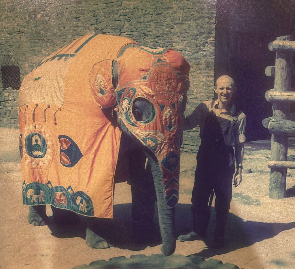 Swami with Valli in a handmade elephant costume