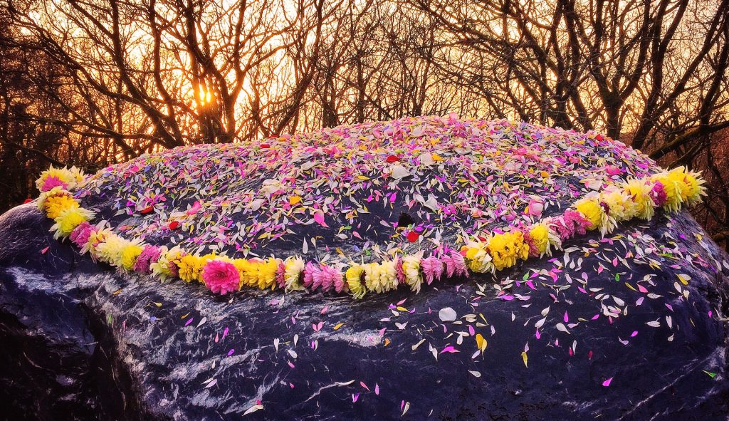 A large shaligram with flower garlands at the Samadhi of Guru Sri Subramanium, Skanda Vale