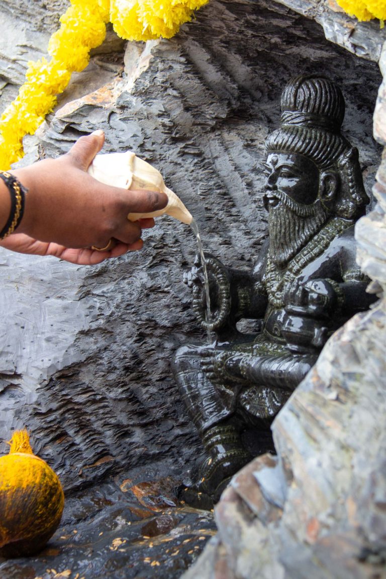 Consecrating a murthi of Bhogar Rishi with blessed water