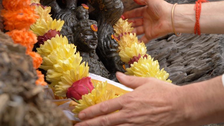 A stone murthi of Dakshinamurthi with flower garlands